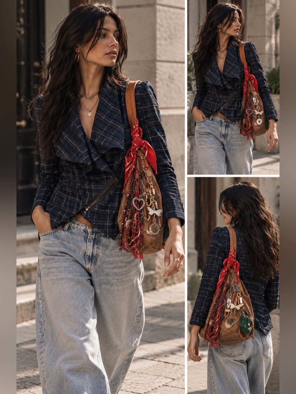 Le Château Navy Plaid Waterfall Jacket | Chic Boho Grunge Style